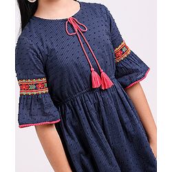 Pine Kids 3/4th Sleeves Softner Wash Embroidered Frock with Swiss Dots - Navy