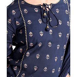 Pine Kids Three Fourth Sleeves Kurti & Sharara Set With Dupatta Ethnic Print - Navy Blue
