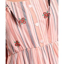 Pine Kids Girls Sleeveless Frock Stripes Print With Embroidery- Pink
