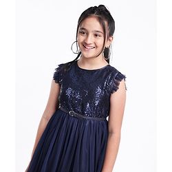 Pine Kids Frill Sleeves Sequinned Party Frock - Navy Blue