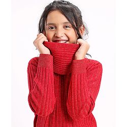 Pine Kids Full Sleeves Woolen Dress With Scarf Medium Winter - Red
