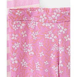 Pine Kids Three Fourth Length Biowashed Cotton Stretchable Leggings Striped & Floral Print Pack Of 2 - Pink