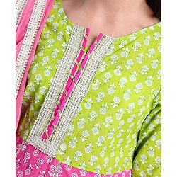 Pine Kids 100% Cotton Three Fourth Sleeves Kurti & Salwar Set Floral Print - Pink