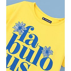 Pine Kids Cotton Knit Half Sleeves Text & Floral Printed Biowashed T-Shirt - Yellow