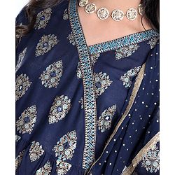 Pine Kids Viscose Woven Three Fourth Kurta & Churidar Set with Dupatta Ajrakh Print - Navy Blue