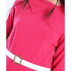Pine Kids Full Sleeves Fine Knit Solid Color Sweater Dress with Belt - Pink