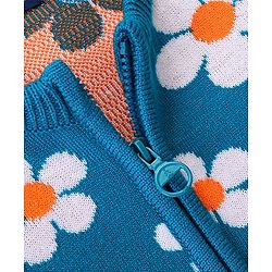 Pine Kids Full Sleeves Foral Structured Front Open Zipper Sweater - Teal Blue
