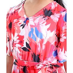 Pine Kids 100% Cotton Knit Half Sleeves Floral Printed Frock - Red