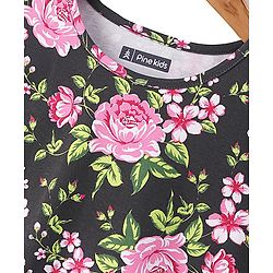 Pine Kids Cotton Knit with Frill Sleeves Top with Floral Print - Black