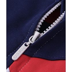 Pine Kids Cotton Knit Full Sleeves Cut & Sew Design Hooded Sweat Jacket with Kangaroo Pockets & Text Print - Red Blue & Grey
