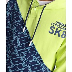 Pine Kids Cotton Knit Full Sleeves Hooded Sweatshirt With Abstract & Text Print- Blue & Neon Green