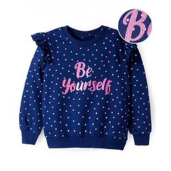 Pine Kids Cotton Knit Full Sleeves Sweatshirt Polka Dots & Glitter Text Print with Frill Detailing - Navy Blue