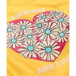Pine Kids Cotton Knit Half Drop Shoulder Sleeves T-Shirt with Knit Detailing Heart & Floral Print - Yellow