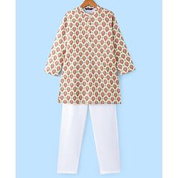 Pine Kids Woven Full Sleeves Kurta Pyjama Set With Mandala Print -White