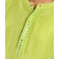 Pine Kids Woven Full Sleeves Textured Fabric Solid Colour Kurta & Pyjama Set with Mirror Work Detailing - Green