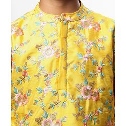 Pine Kids Woven Full Sleeves Kurta Pyjama Set with Floral Embroidery - Yellow