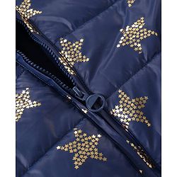Pine Kids Woven Full Sleeves Front Open Padded Hooded Jacket with Foil Star Print - Navy Blue