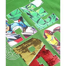 Pine Kids Marvel Terry Knit Half Drop Shoulder Sleeves T-Shirts with Avengers Graphics & Reversible Sequins Detailing - Green