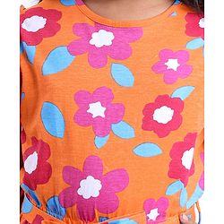 Pine Kids Cotton Knit Frill Sleeves Full Length Jumpsuit Floral Print - Orange