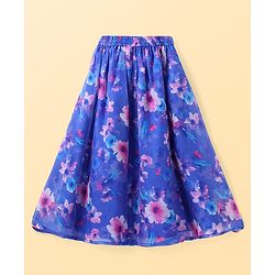 Pine Kids Woven Full Puff Sleeves Lehenga Choli Set with Pleated Design & Floral Print - Blue