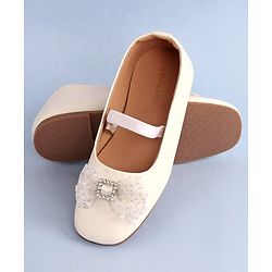 Pine Kids Bow Applique Ballerinas with Backstrap- White