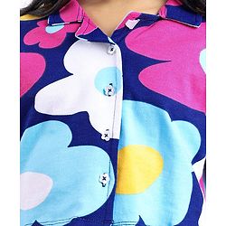 Pine Kids Cotton Knit Half Drop Shoulder Sleeves Top & Pant Set with Floral Print - Navy Blue