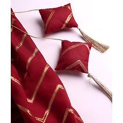 Pine Kids Woven Half Sleeves Zari Embroidered Choli Lehenga & Dupatta Set With Tassel Detailing - Dark Red