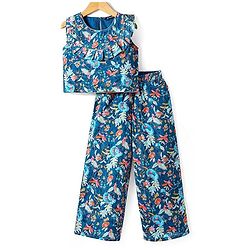 Pine Kids Woven Sleeveless Floral Sequin Embroidered Top & Palazo Set with Frill Detailing - Navy Blue