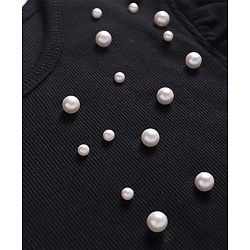 Pine Kids Cotton Knit Half Puffed Sleeves Top with Pearls Detailing - Black
