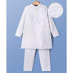 Pine Kids Cotton Woven Full Sleeves Kurta Pyjama Set with Floral Chikankari Work - White
