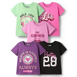 Pine Kids Cotton Knit Half Sleeves T-Shirts with Text Print Pack of 5 - Multicolor