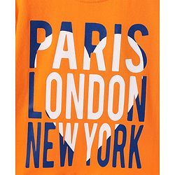 Pine Kids Cotton Knit Half Drop Shoulder Sleeves Oversize T-Shirt With Paris London New York Text Print - Yellow