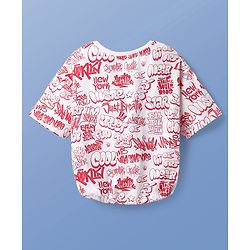 Pine Kids Cotton Knit Half Drop Shoulder Sleeves T-Shirt with Text Print - White