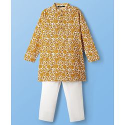 Pine Kids Cotton Woven Full Sleeves Kurta & Pyjama With Floral Print - White & Yellow