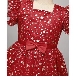Pine Kids Woven Frill Sleeves Party Dress With Star Print & Bow Applique - Red