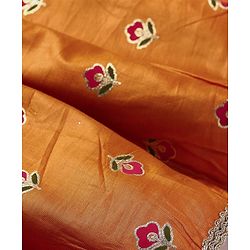 Pine Kids Woven Sleeveless Choli Lehenga Set & Dupatta with Floral Embroidery - Orange
