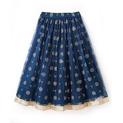 Pine Kids Woven Sleeveless Floral Embroidered Choli Lehenga Set with Dupatta Glitter Print & Lace Detailing - Navy Blue