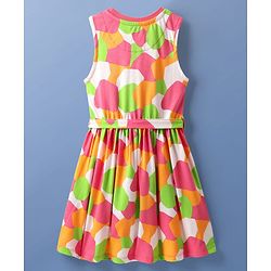 Pine Kids Cotton Knit Sleeveless Printed Frock With Belt - Multicolor