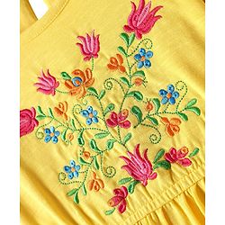 Pine Kids Cotton Knit Half Frill Sleeves Tiered Dress with Floral Embroidery - Yellow