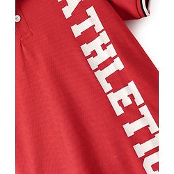 Pine Kids Cotton Knit Half Sleeves Polo T-Shirt with Athletic Text Print - Red