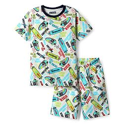 Pine Kids Single Jersey Knit Half Sleeves Shorts Co-Ord Night Suit With Skating Print - Off White