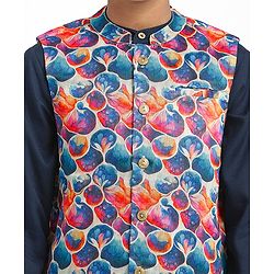 Pine Kids Woven Full Sleeves Kurta Pajama Set with Jacket & Print - Navy Blue