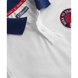 Pine Kids Cotton Knit Half Sleeves Cut & Sew Polo T-Shirt with Patch Detailing - White