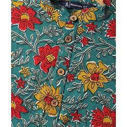 Pine Kids Cotton Woven Mandarin Collar Full Sleeves Kurta Pajama Set With Floral Print - Teal Blue
