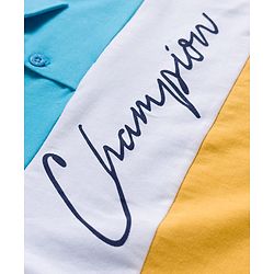 Pine Kids Cotton Knit Full Sleeves Polo Neck T-Shirt With Champion Text Print - Yellow & Light Blue