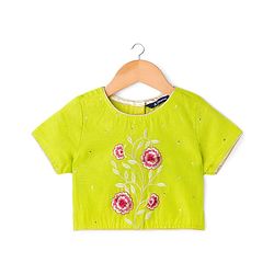 Pine Kids Woven Half Sleeves Floral Embroidered Choli with Foil Printed Lehenga & Dupatta Set - Pink & Limegreen