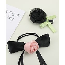 Pine Kids Hair Clip & Rubber Band Set With Floral Applique - Pink & Black