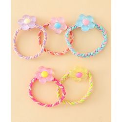 Pine Kids Hair Rubber Bands with Floral Applique Pack Of 5 - Yellow Pink & Blue