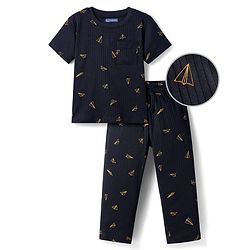 Pine Kids Drop Needle Half Sleeves Co-Ord Night Suit Set With Origami Plane Print - Black
