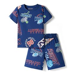 Pine Kids Single Jersey Knit Half Sleeves Shorts Co-ord Night Suit With Sports Print - Navy Blue